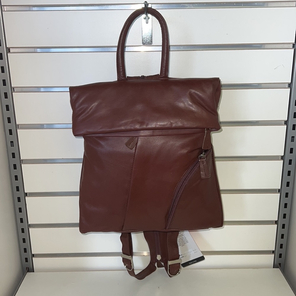 Burgundy 100% Leather 5 compartment mini backpack with adjustable straps